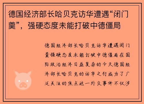 德国经济部长哈贝克访华遭遇“闭门羹”，强硬态度未能打破中德僵局