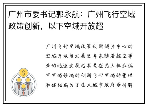 广州市委书记郭永航：广州飞行空域政策创新，以下空域开放超