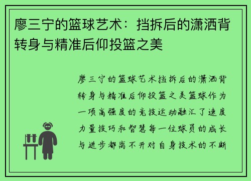 廖三宁的篮球艺术：挡拆后的潇洒背转身与精准后仰投篮之美