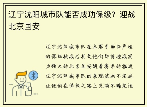 辽宁沈阳城市队能否成功保级？迎战北京国安